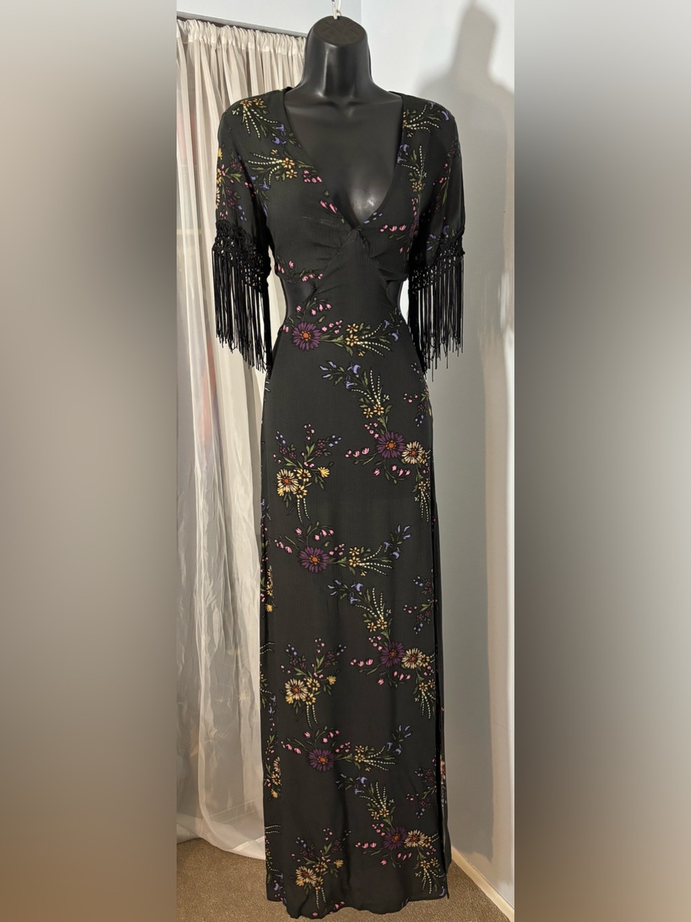 Honey Punch Black Maxi Dress - boho style with Multicolor Floral Embroidery - Picture 2 of 7